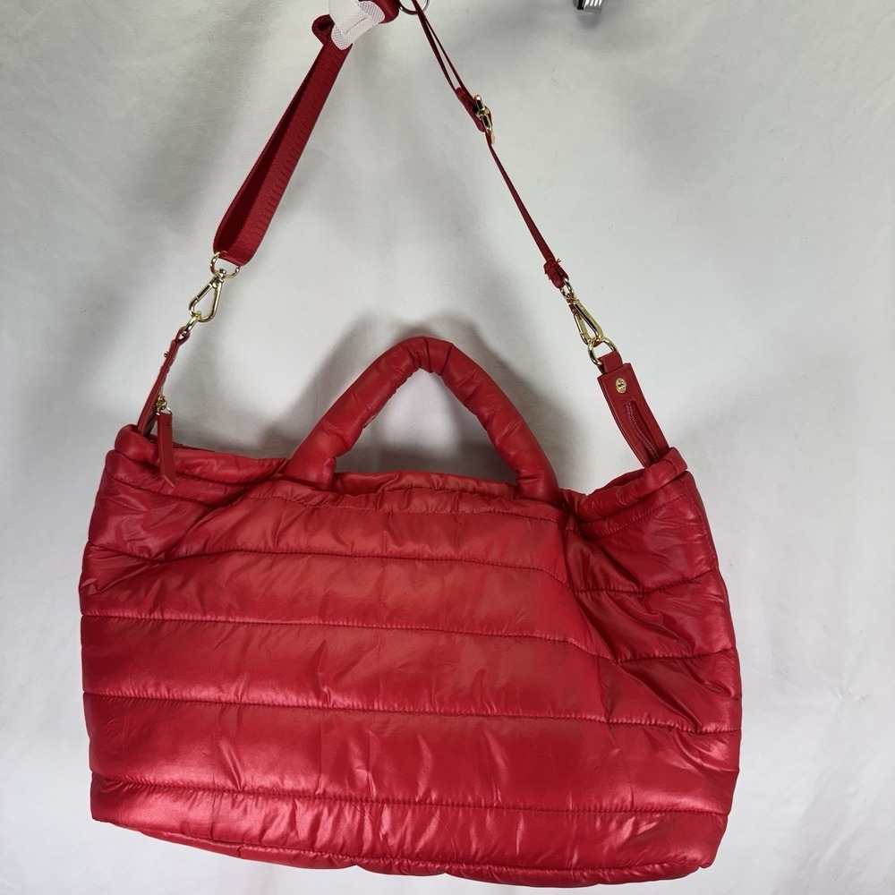 Estee Lauder Weekender Travel Puffer Puff Tote Bag Red Pink Gold Purse Crossbody